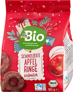 Anelli di mela Bio essiccati ricoperti di cioccolato al latte Bio, 90 g