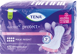 Assorbenti discreet protect+ maxi night, 12 pz
