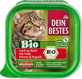 Cibo Bio per gatti con manzo, vitello, piselli e olio di colza, 100 g