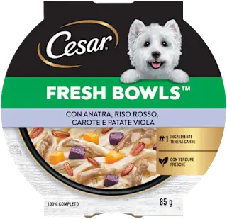 Cibo umido per cani FRESH BOWLS con anatra, riso rosso, carote e patate viola, 85 g