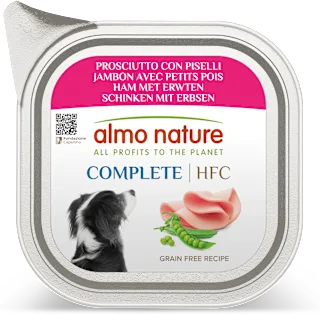 Cibo umido per cani HFC COMPLETE vaschetta con prosciutto e piselli, 85 g