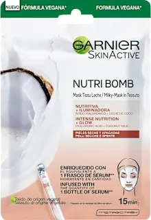 Maschera in tessuto SKINACTIVE NUTRI BOMB nutriente illuminante con acido ialuronico e latte di cocco, 1 pz