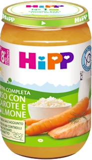 Omogeneizzato di riso con carote e salmone, 220 g