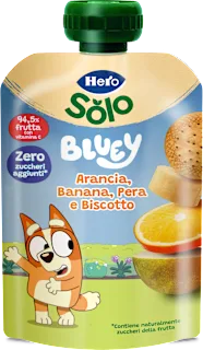 Pouch Bluey arancia, banana, pera e biscotto, 100 g