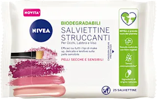 Salviettine struccanti biodegradabili pelli secche e sensibili, 25 pz