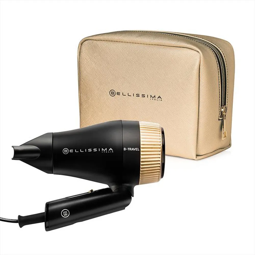BELLISSIMA IMETEC - ASCIUGACAPELLI DA VIAGGIO B-TRAVEL CON BEAUTY BAG-Nero, Oro