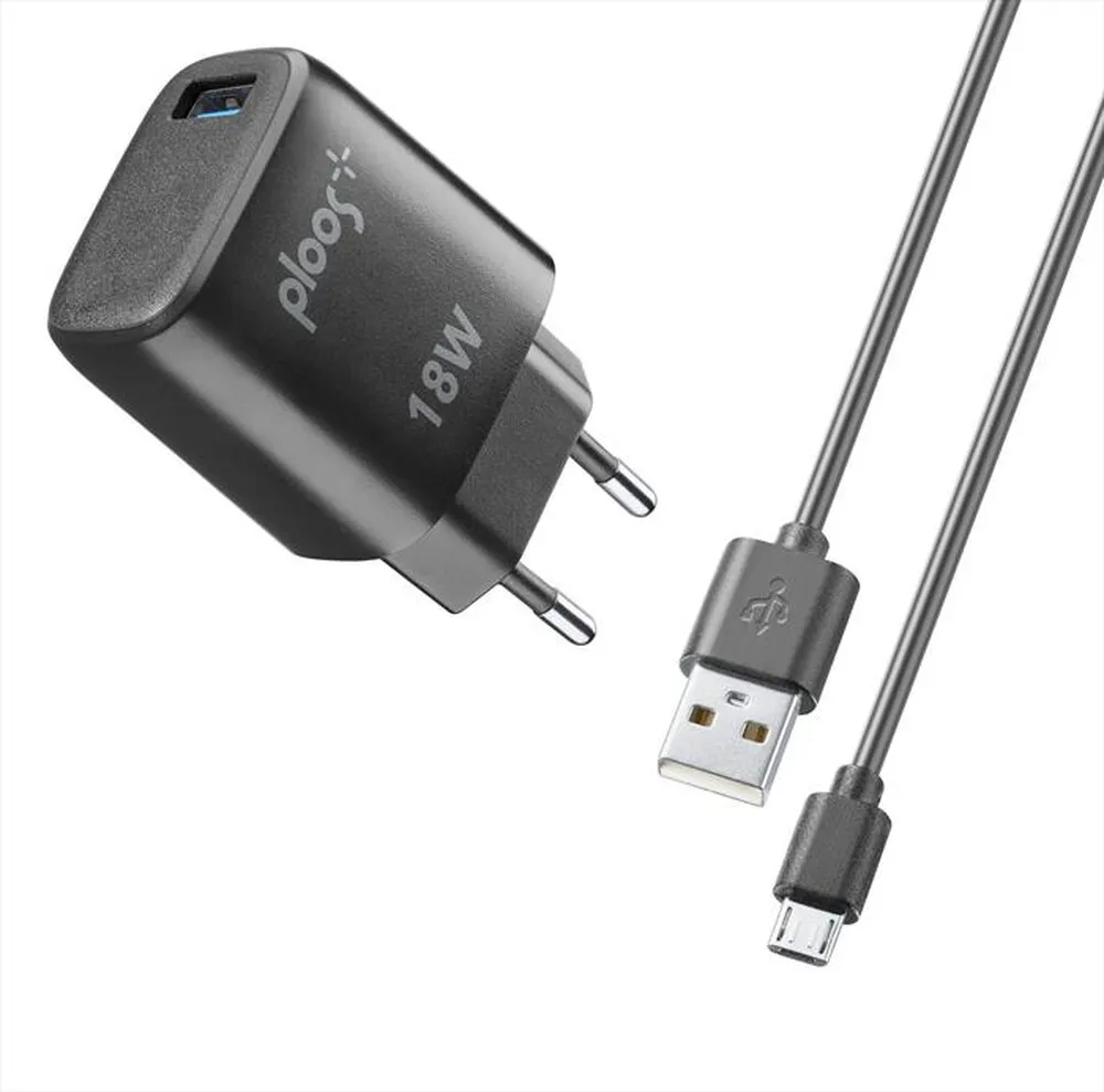 PLOOS - Caricabatterie KIT ADAPTER 18W/USB-A TO MICRO USB-Nero