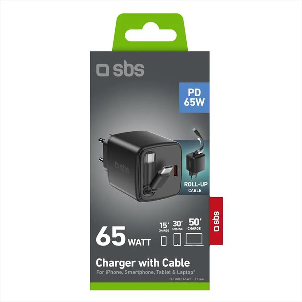 SBS - Caricabatterie USB-C + Cavo integrato 65W-Nera