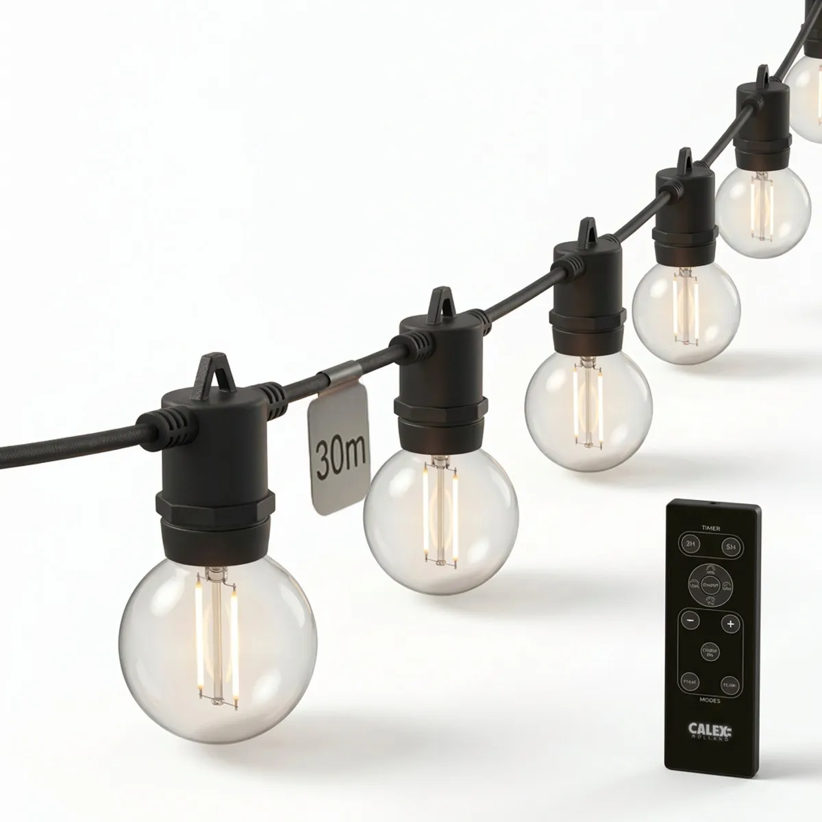 30m Calex Vista Catena LED Luminosa da Esterno con Telecomando + cavo di collegamento da 3m - IP54 - Collegabile - 2700K - con 50 Lampadine