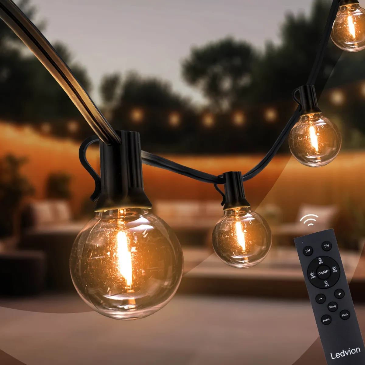 30m Catena Luminosa da Esterno con Telecomando - 2200K - 12V - IP54 - Collegabile - con 50 Lampadine LED - G40 - Pronto all'uso