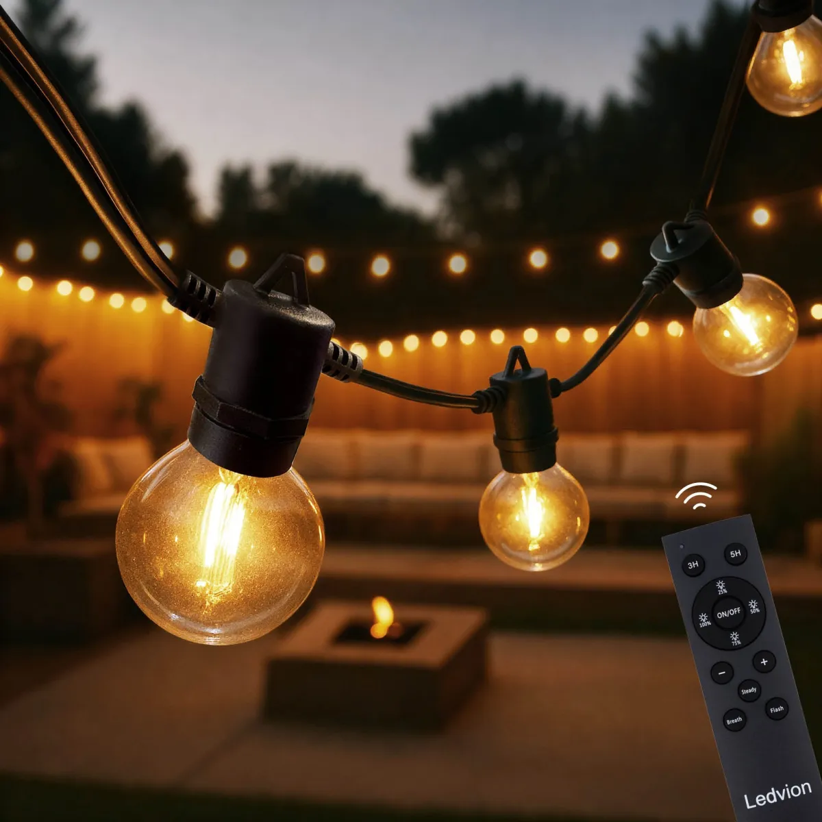 45m Catena Luminosa da Esterno con Telecomando - 2200K - 12V - IP54 - Collegabile - con 75 lampadine LED - G40 - Pronto all'uso