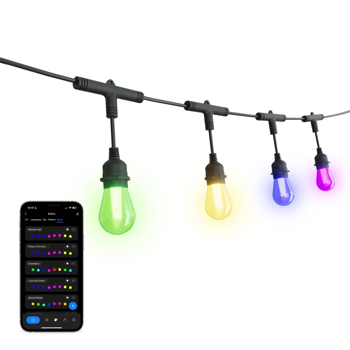 7m Catena Luminosa da Esterno Smart + Cavo di Collegamento da 3m - IP65 - Collegabile - con 10 Lampadine LED