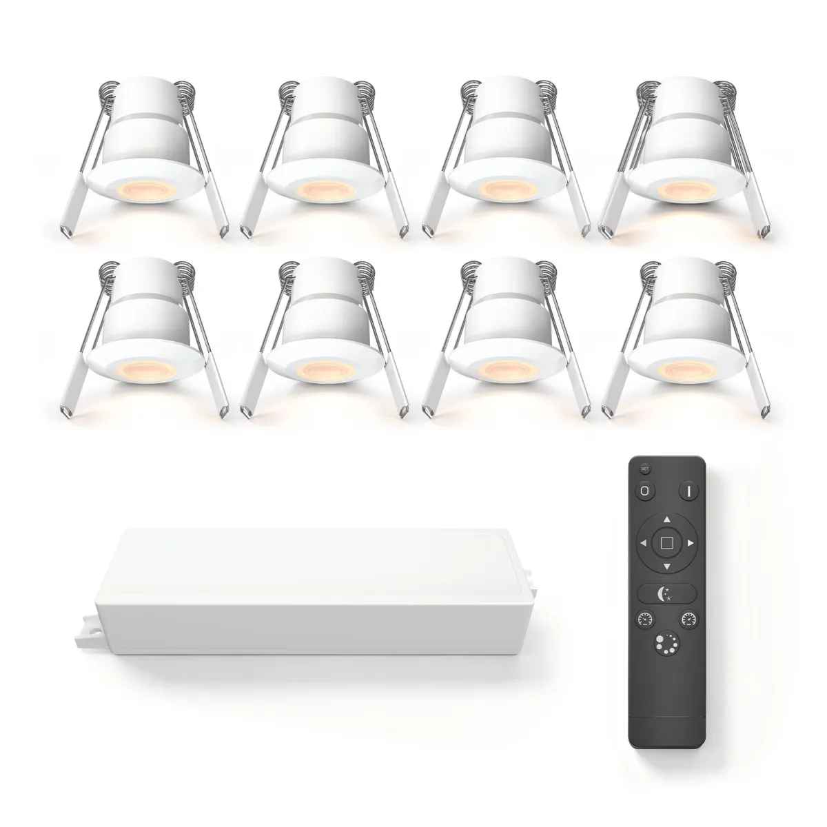 8x Mini faretti LED da incasso - Ø35mm - IP65 - 2700K - Bianchi - 3W - 5 anni di garanzia - Telecomando incluso