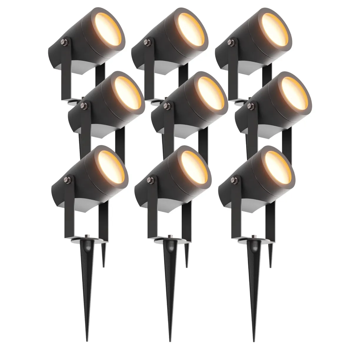 9x Faretto da Esterno con Picchetto - IP44 - 1W - 3000K - Cavo con Spina 1 Metri - Nero