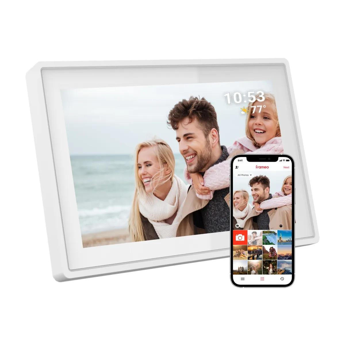 Cornice Digitale - WiFi e App Frameo - Cornice Fotografica 10 Pollici - Touchscreen - Bianco