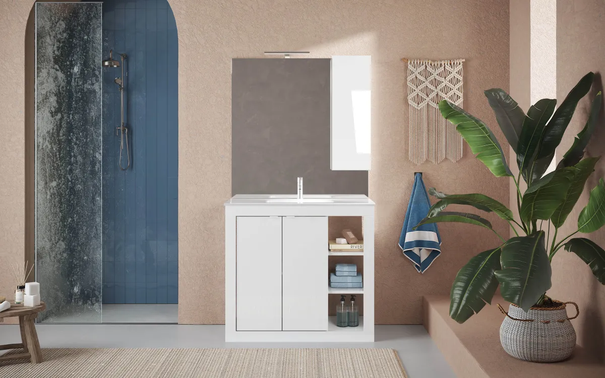Bagno con pensile 2 ante battenti lavabo a incasso con specchio e led bianco lucido: Basic