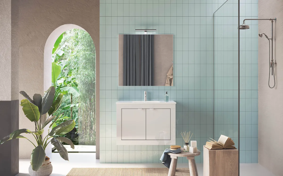 Bagno sospeso 2 ante battenti lavabo a incasso con specchio e led bianco lucido: Basic