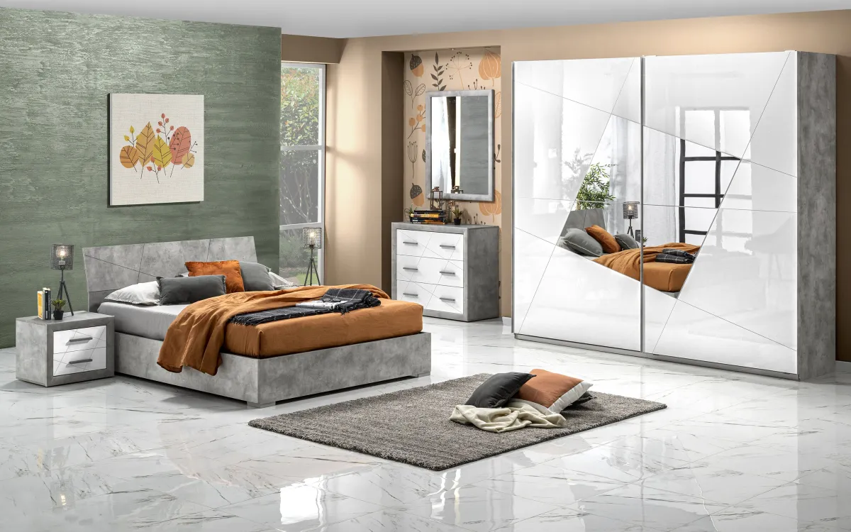 Camera 2 ante maxi scorrevoli con specchio rombo con letto contenitore effetto cemento, bianco lucido: Diana