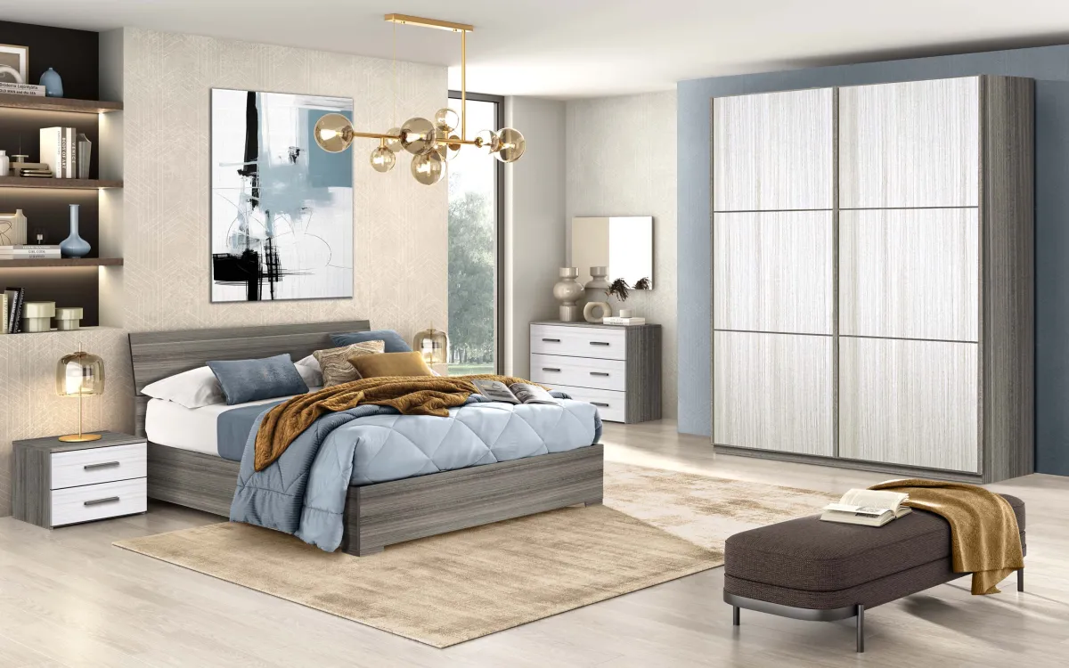 Camera 2 ante scorrevoli con letto contenitore eucalipto scuro, eucalipto bianco: Marina