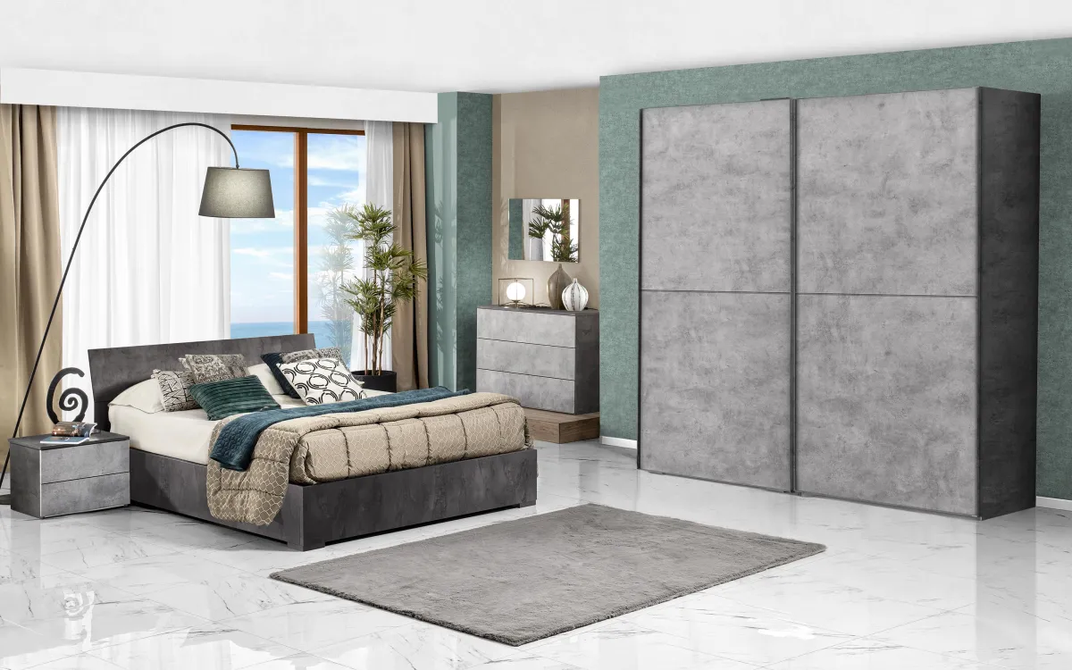 Camera 2 ante scorrevoli con letto contenitore ossido bronx, cemento bronx: Donatella Maxi