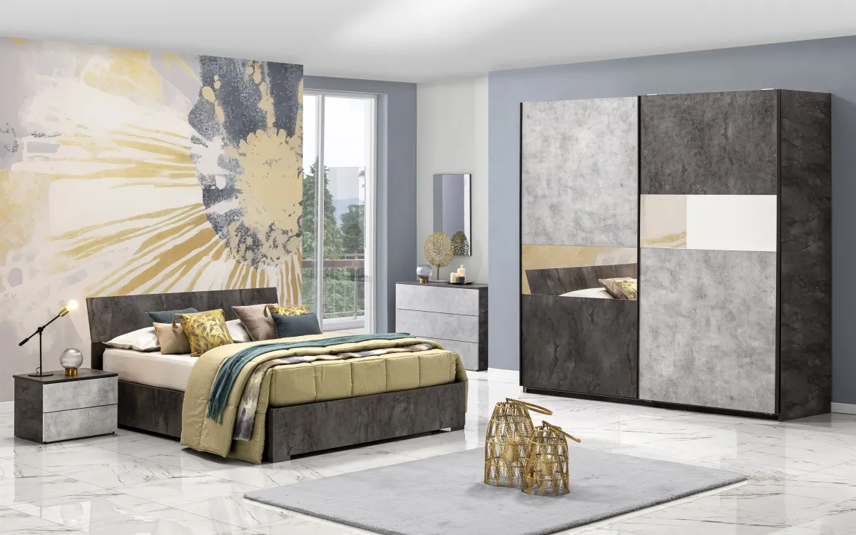 Camera 2 ante scorrevoli con specchio con letto contenitore ossido bronx, cemento bronx: Donatella Maxi