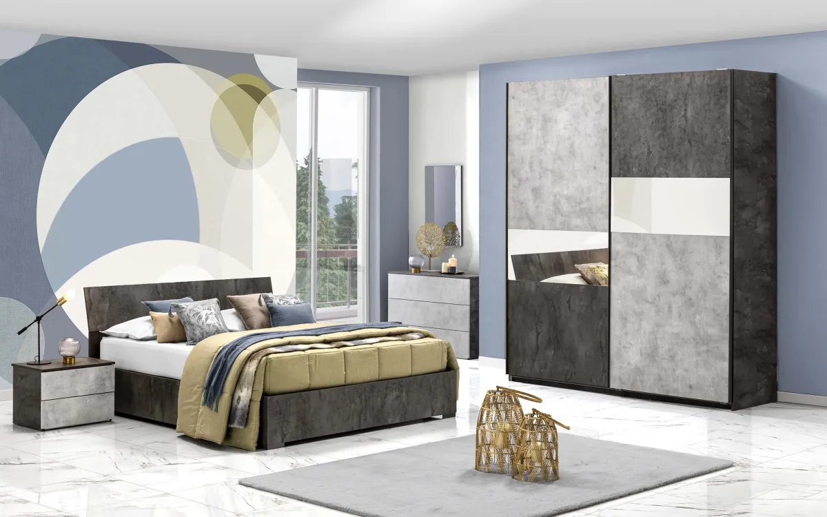 Camera 2 ante scorrevoli con specchio con letto contenitore ossido bronx, cemento bronx: Donatella