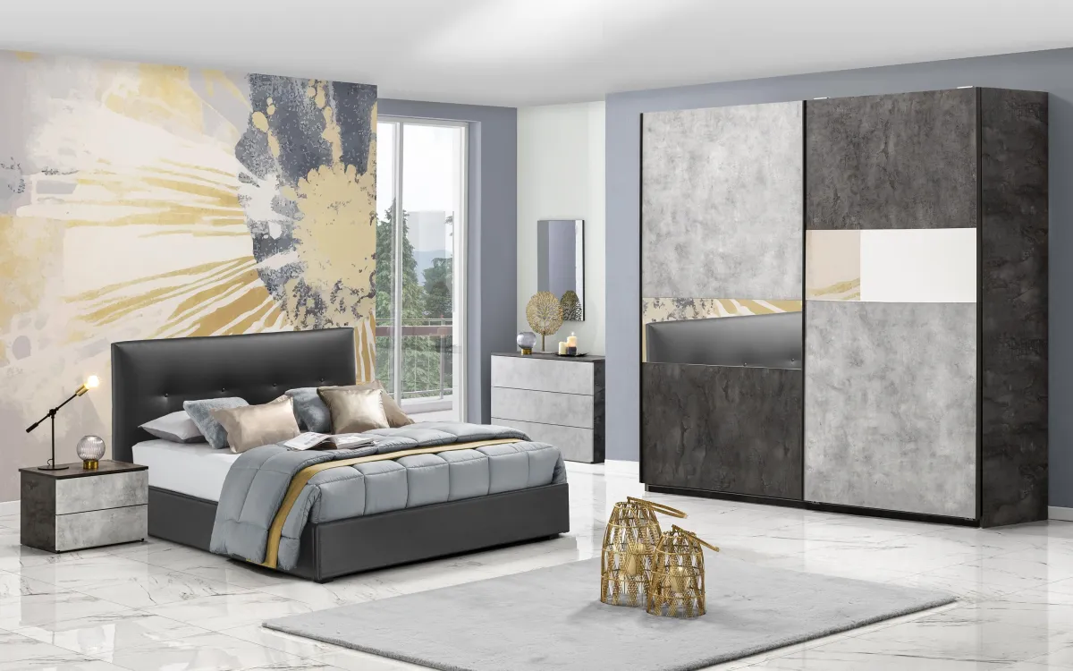 Camera 2 ante scorrevoli con specchio senza letto ossido bronx, cemento bronx: Donatella Maxi