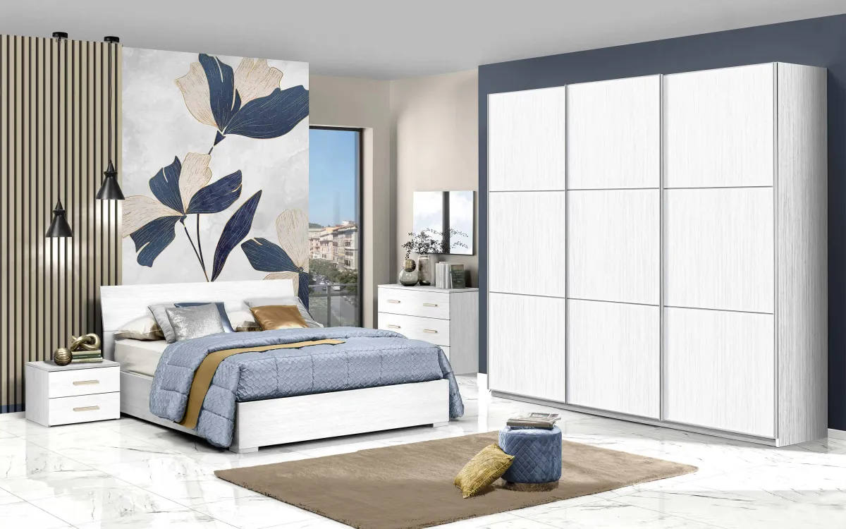 Camera 3 ante scorrevoli con letto contenitore effetto bianco larice: Marina