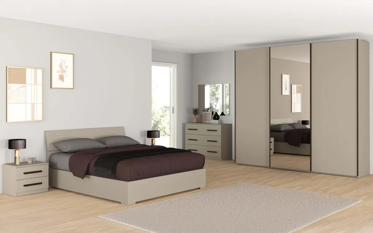 Camera 3 ante scorrevoli con specchio centrale con letto contenitore zinco, maniglia bronzo: Eleonora