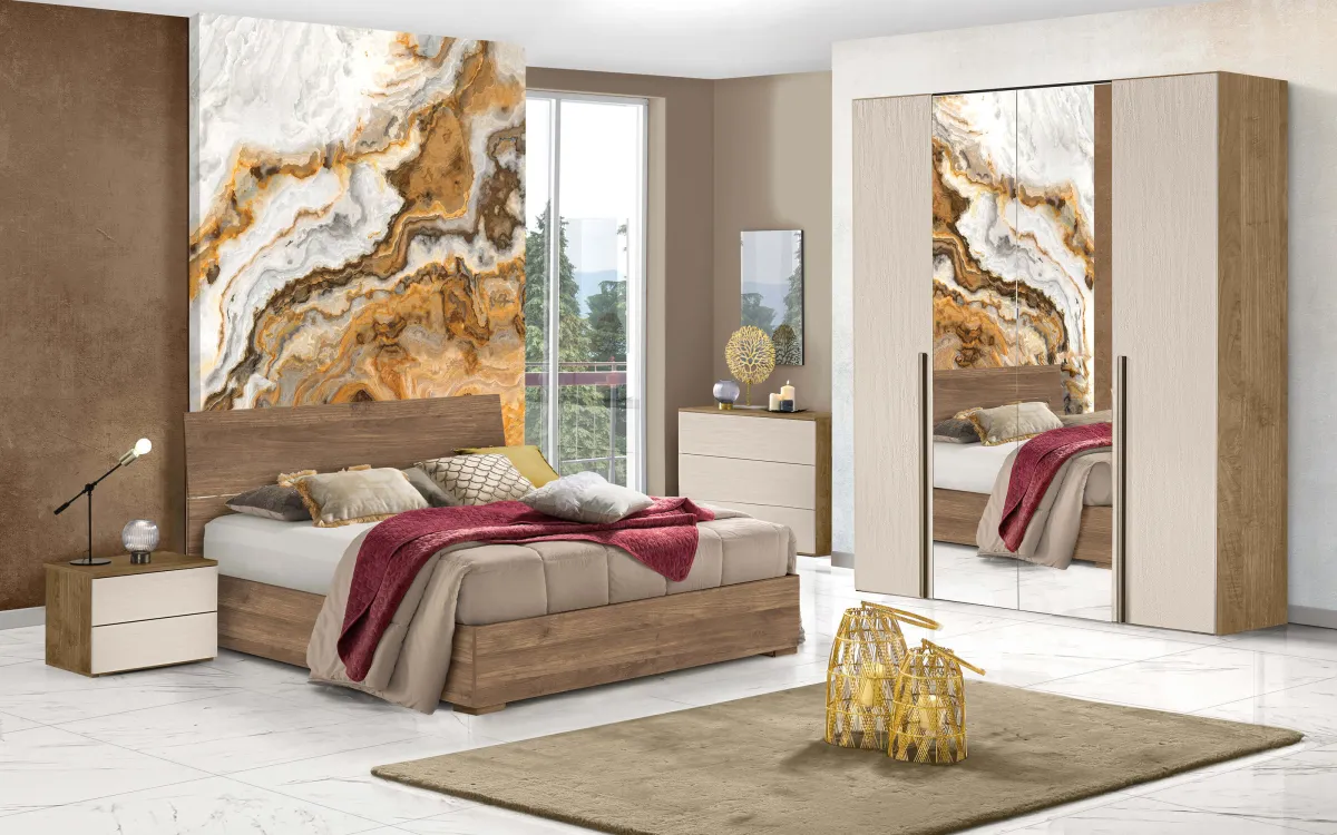 Camera 4 ante battenti con specchio centrale con letto contenitore noce mercure, canapa: Donatella Big
