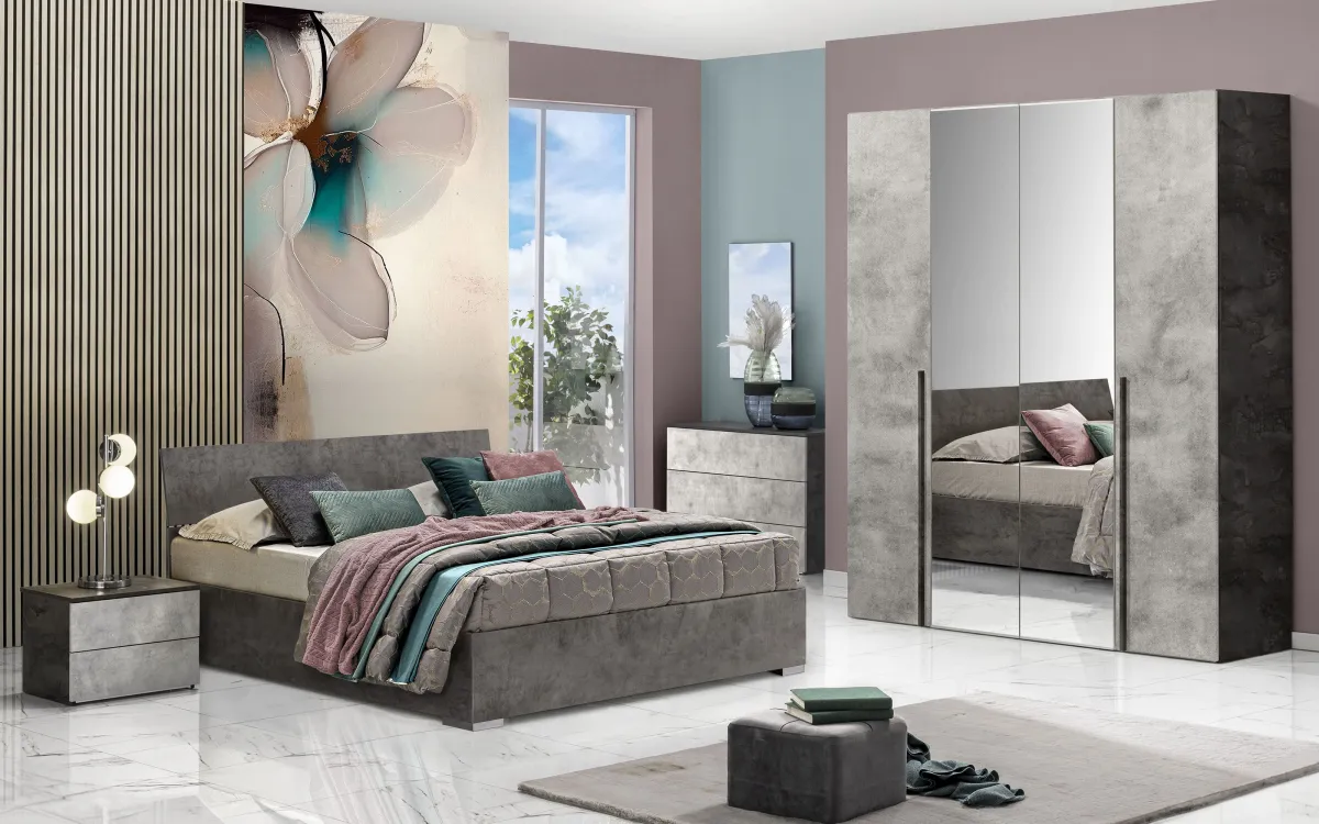 Camera 4 ante battenti con specchio centrale con letto contenitore ossido bronx, cemento bronx: Donatella Big