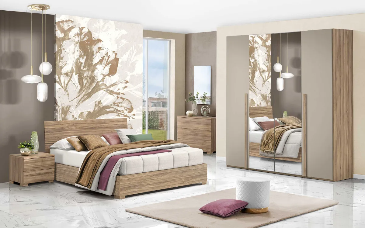 Camera 4 ante battenti con specchio centrale con letto contenitore effetto noce oro, visone: Sirio