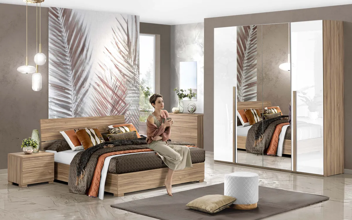 Camera 4 ante con specchio centrale con letto contenitore lungo effetto noce oro, bianco laccato: Sirio