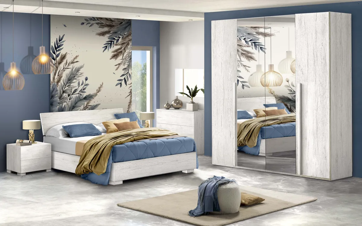Camera 4 ante con specchio centrale con letto contenitore lungo effetto quercia bianca: Sirio