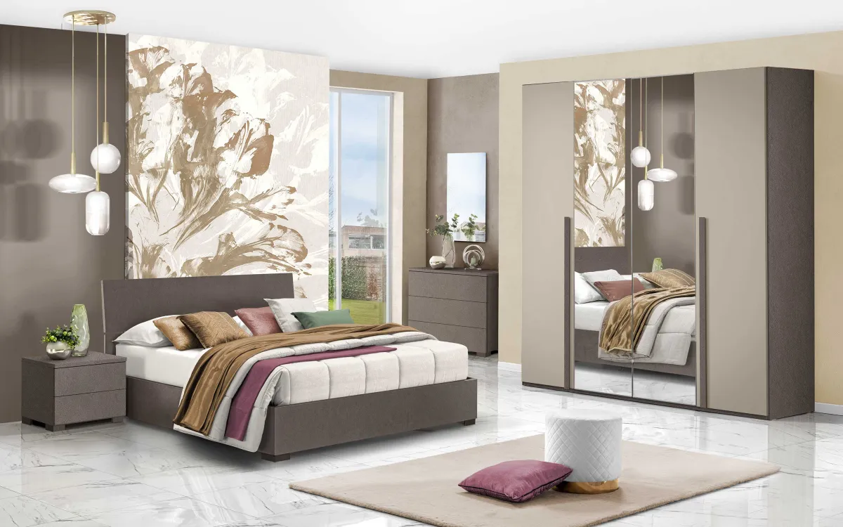Camera 4 ante con specchio centrale con letto contenitore lungo bronzo, visone: Sirio