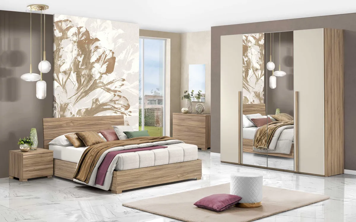 Camera 4 ante con specchio centrale con letto contenitore lungo effetto noce oro, orzo: Sirio
