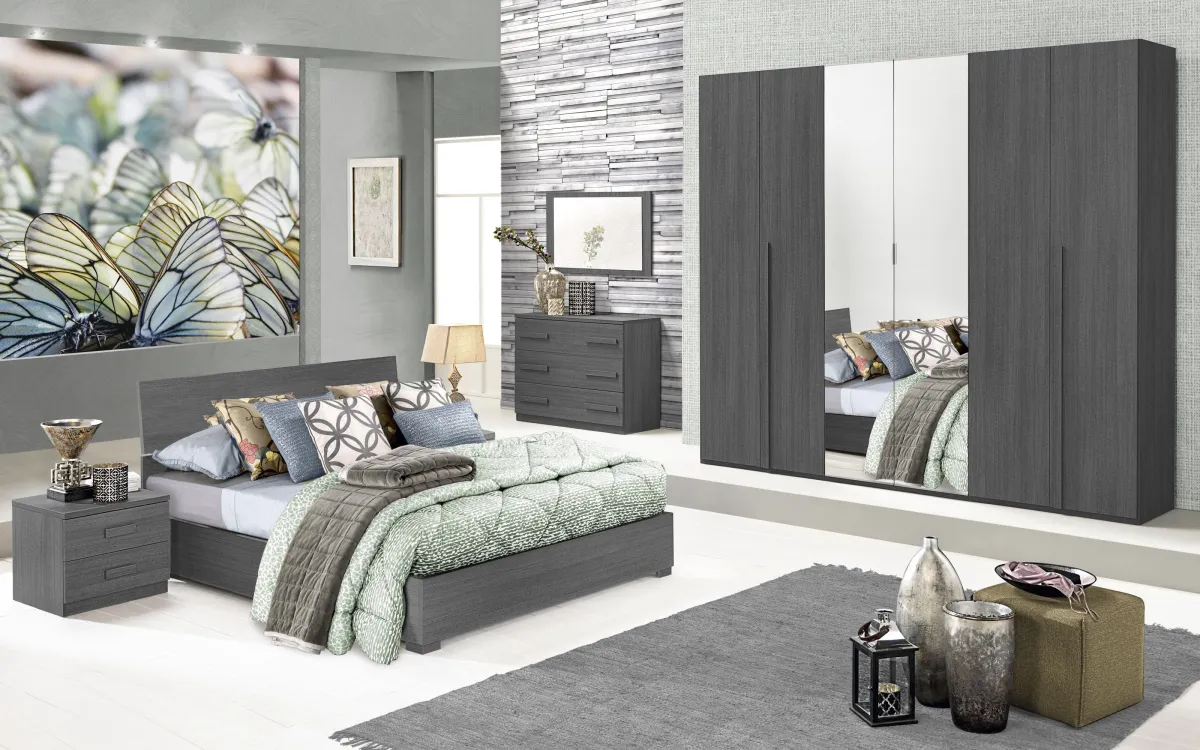Camera 6 ante battenti chiusura rallentata con specchio centrale con letto contenitore iron gray: Sirio