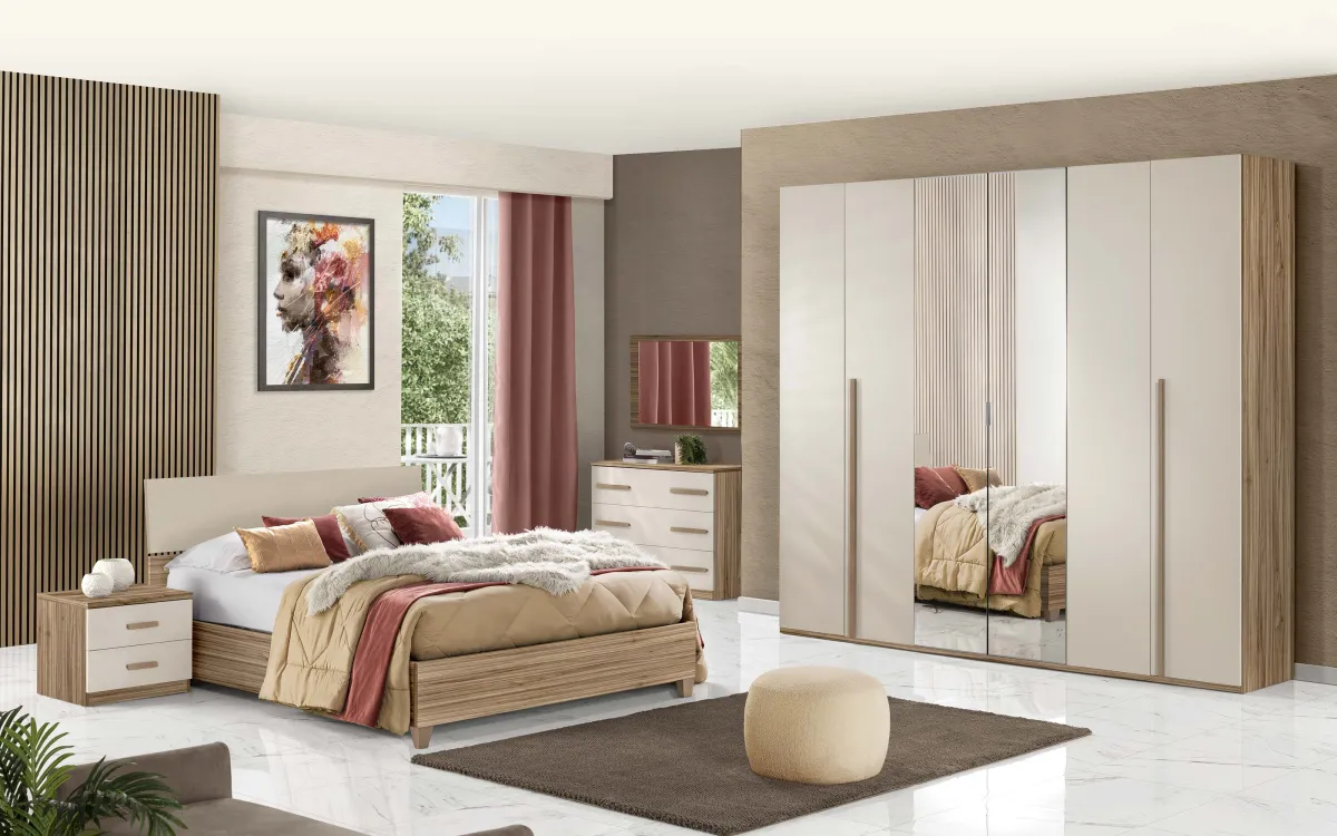 Camera 6 ante battenti con chiusura rallentata con letto contenitore sky rialzato con piedini effetto noce oro, orzo: Elena