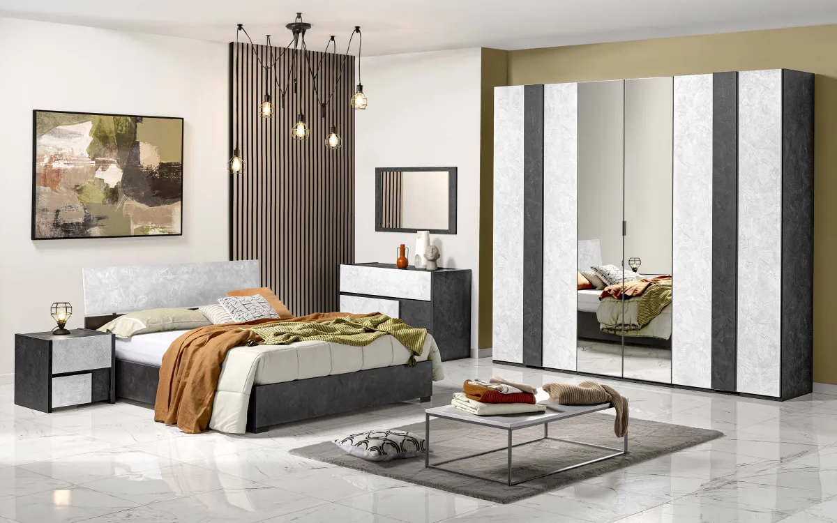 Camera 6 ante battenti con chiusura rallentata con letto contenitore rialzato con piedini stucco veneziano piombo, stucco veneziano bianco: Vela
