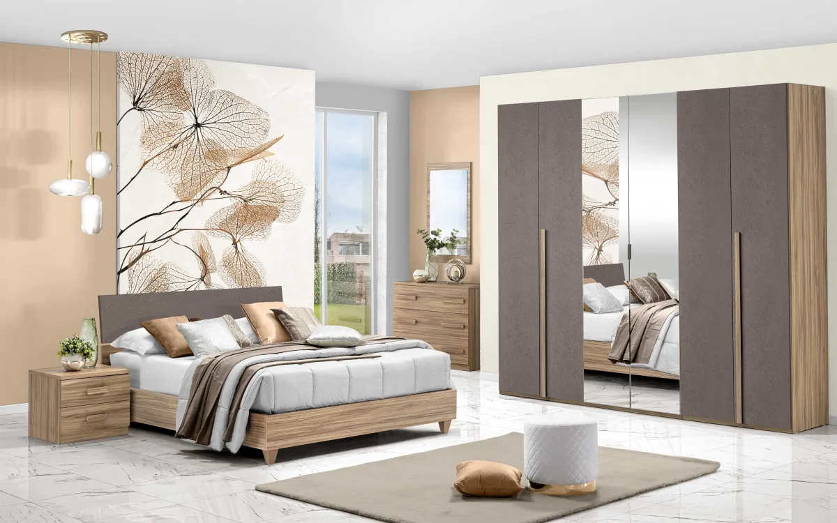 Camera 6 ante battenti con chiusura rallentata con letto contenitore sky rialzato con piedini effetto noce oro, bronzo: Sirio