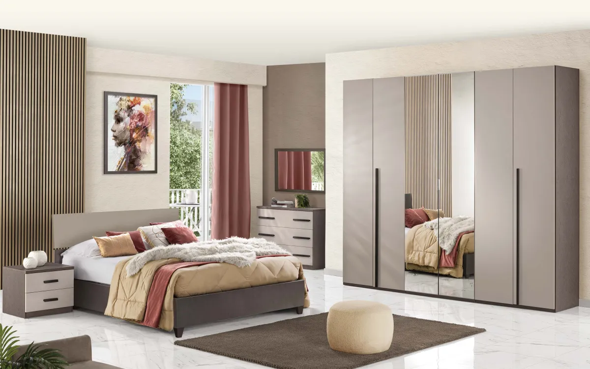 Camera 6 ante battenti con chiusura rallentata con letto contenitore sky rialzato con piedini bronzo, visone: Elena