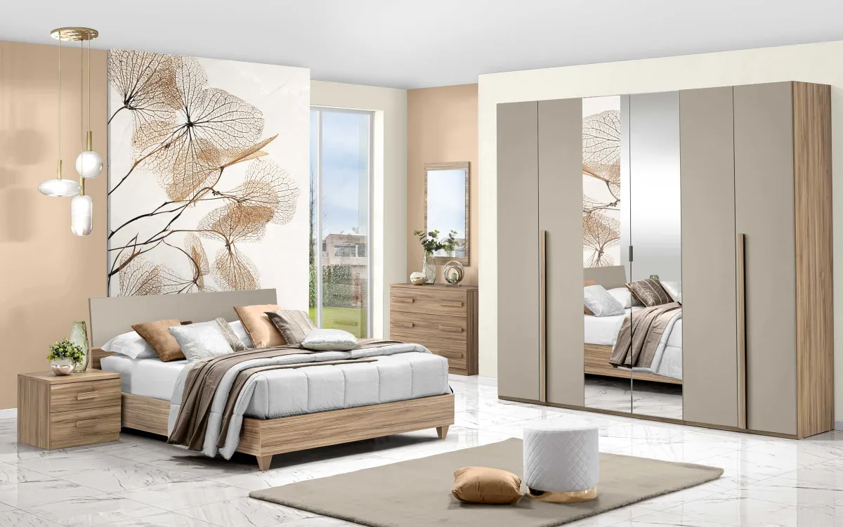 Camera 6 ante battenti con chiusura rallentata con letto contenitore sky rialzato con piedini effetto noce oro, visone: Sirio