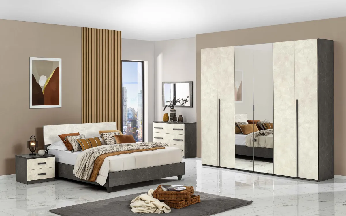 Camera 6 ante battenti con chiusura rallentata con letto contenitore sky rialzato con piedini stucco veneziano piombo, stucco veneziano bianco: Elena