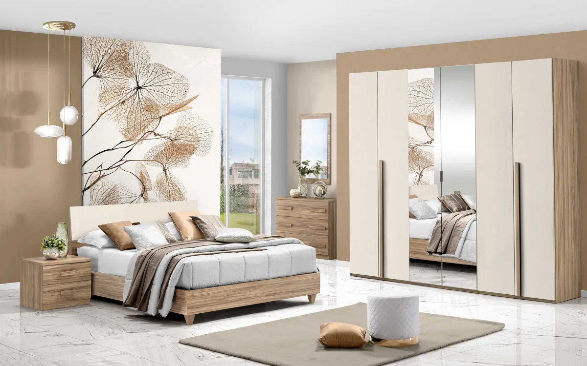 Camera 6 ante battenti con chiusura rallentata con letto contenitore sky rialzato con piedini effetto noce oro, orzo: Sirio