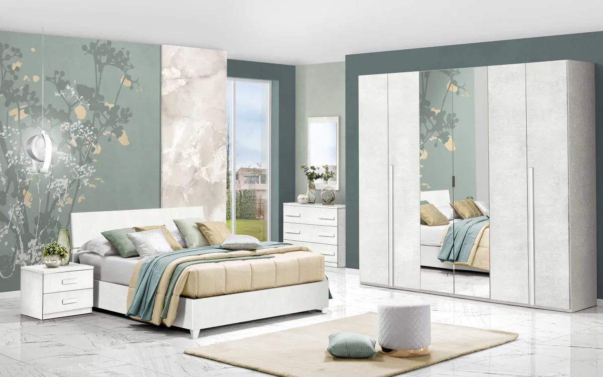 Camera 6 ante battenti con chiusura rallentata con letto contenitore sky rialzato con piedini bianco detroit: Sirio
