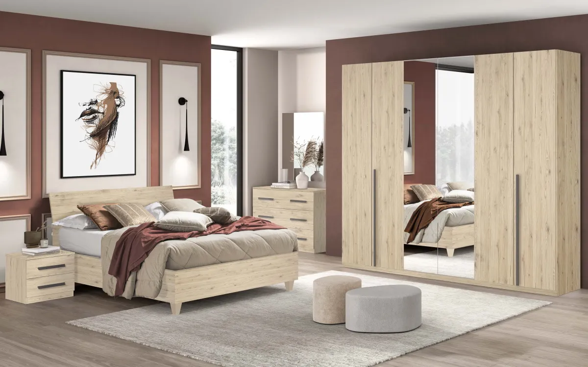 Camera 6 ante battenti con specchio centrale argento con letto contenitore rialzato con piedini quercia: Eleonora