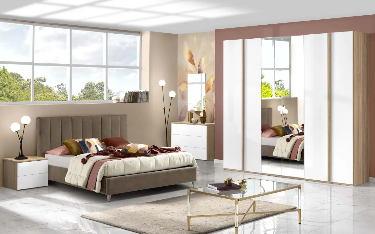 Camera 6 ante con chiusura rallentata con specchio centrale senza letto noce riva, bianco opaco: Primula