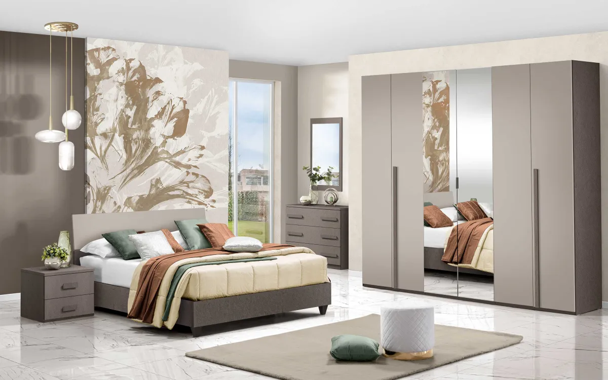 Camera 6 ante con letto contenitore lungo sky rialzato bronzo, visone: Sirio