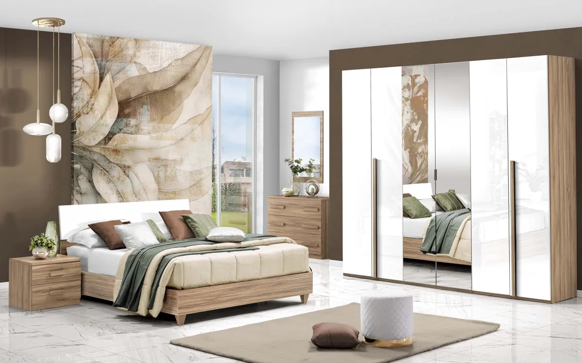 Camera 6 ante con letto contenitore lungo sky rialzato effetto noce oro, bianco laccato: Sirio