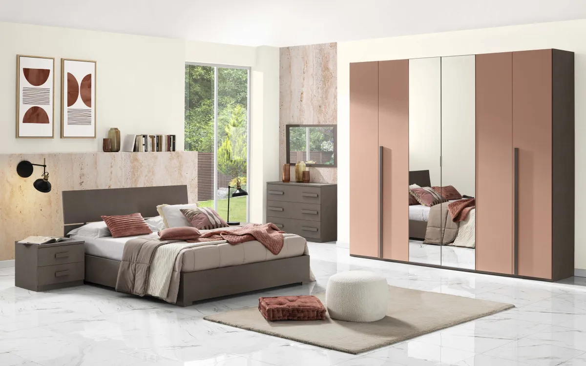 Camera 6 ante con specchio centrale con letto contenitore bronzo, rosa retro: Sirio